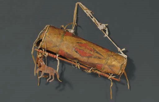 A CROW PAINTED PARFLECHE CYLINDRICAL CASE