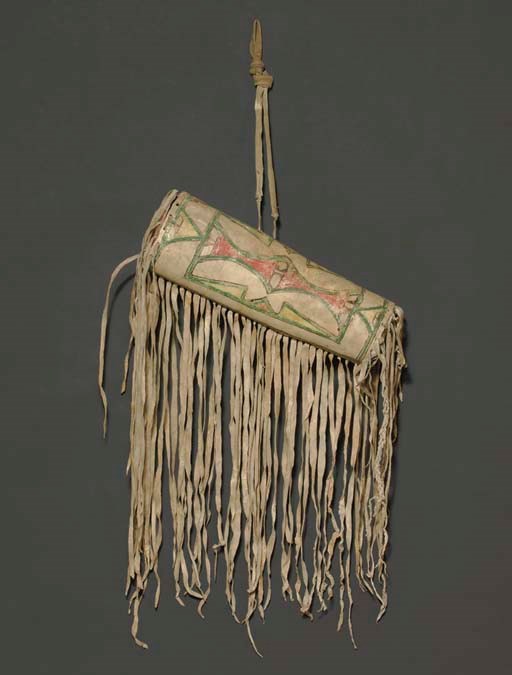 A BLACKFOOT PAINTED PARFLECHE CYLINDRICAL CASE