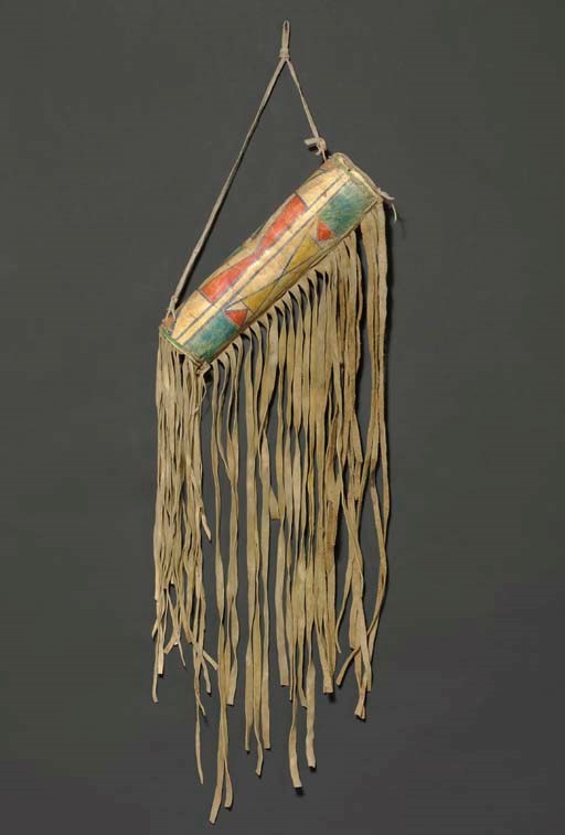 A PLATEAU PAINTED PARFLECHE CYLINDRICAL CASE