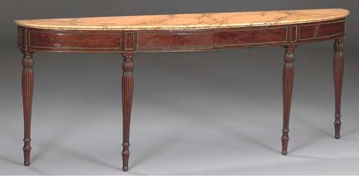 A REGENCY MAHOGANY AND SIMULATED SEINNA MARBLE SEMI-ELLIPTICAL CONSOLE TABLE