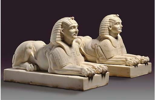 A PAIR OF WHITE MARBLE SPHINX