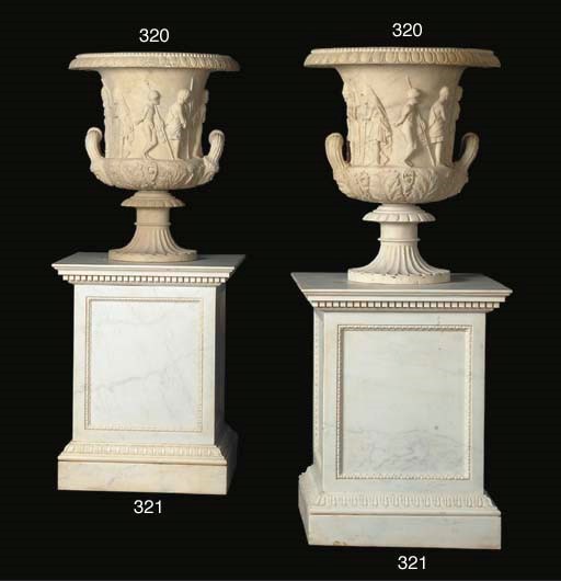 A PAIR OF WHITE MARBLE MODELS OF THE MEDICI VASE