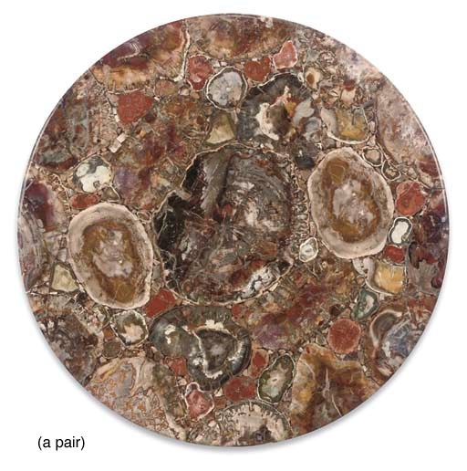 A PAIR OF FOSSILISED AND SCAGLIOLA CIRCULAR TABLE TOPS
