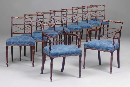A SET OF TEN LATE REGENCY MAHOGANY DINING CHAIRS