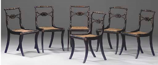 A SET OF SIX REGENCY EBONISED AND BRASS-MOUNTED DINING-CHAIRS