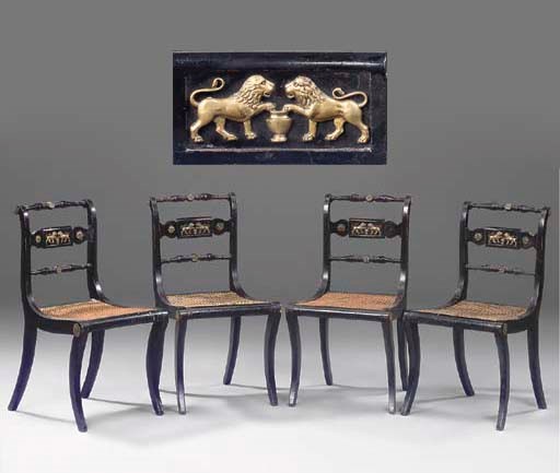 A SET OF FOUR REGENCY EBONISED GILT METAL-MOUNTED DINING CHAIRS