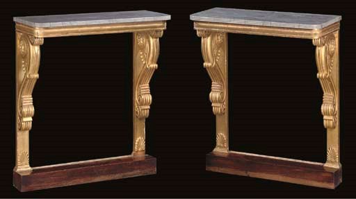 A PAIR OF WILLIAM IV GILTWOOD AND ROSEWOOD CONSOLE TABLES