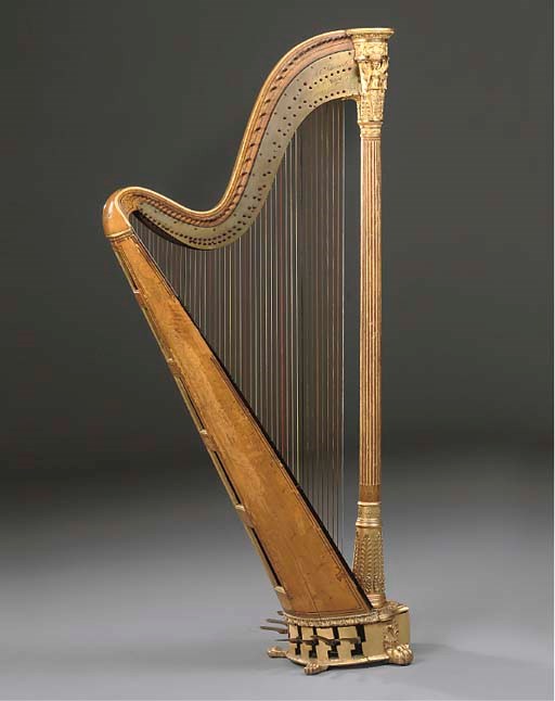 A GEORGE IV SATINWOOD AND GILT COMPOSITION HARP BY J.C SCHWIESO & CO