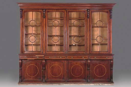 AN EARLY VICTORIAN MAHOGANY AND SATINWOOD CROSSBANDED LIBRARY BOOKCASE