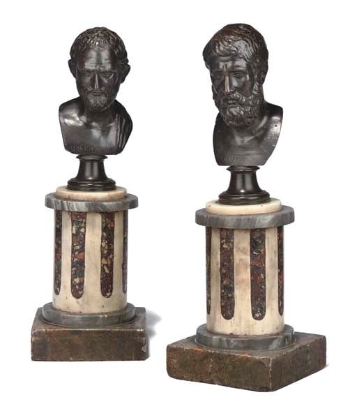 A PAIR OF ITALIAN BRONZE BUSTS OF PHILOSOPHERS
