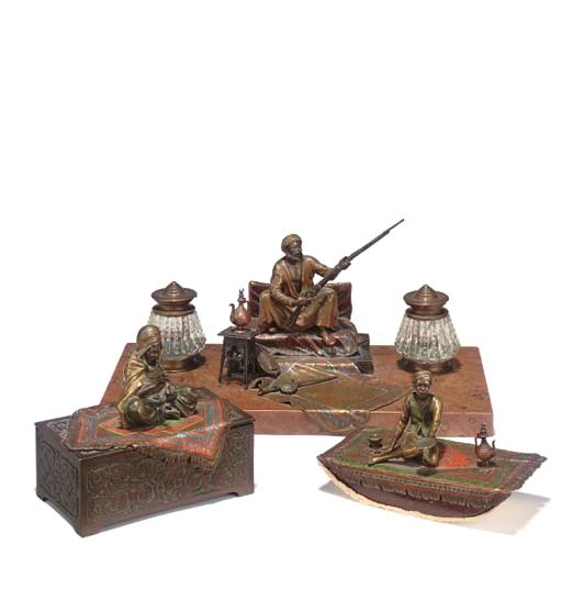 A VIENNESE COLD PAINTED BRONZE AND MARBLE DESK SET