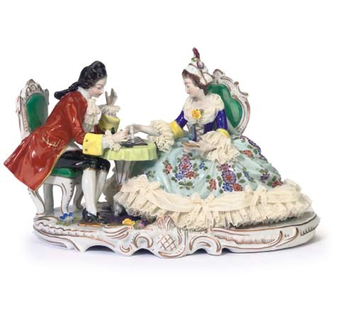 A DRESDEN PORCELAIN FIGURE GROUP OF TWO CHESS PLAYERS