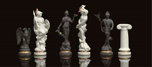 A PARCEL-GILT BISCUIT PORCELAIN FIGURAL CHESS SET