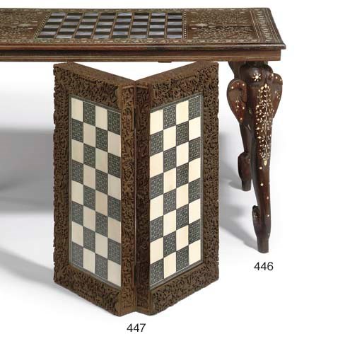 AN INDIAN MOTHER-OF-PEARL, IVORY AND EBONY INLAID WOOD GAMES BOARD