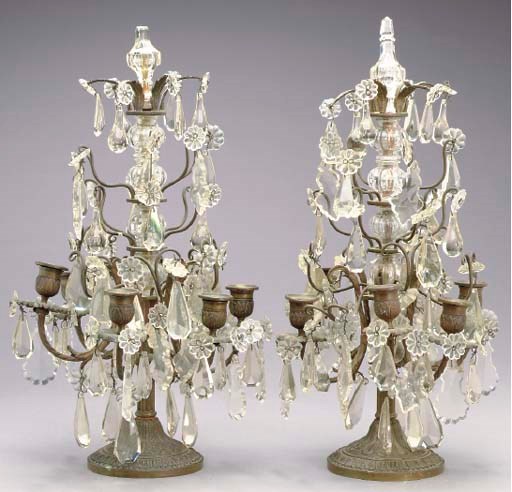 A PAIR OF CAST-BRONZE AND CUT-GLASS SIX-LIGHT GIRANDOLES,