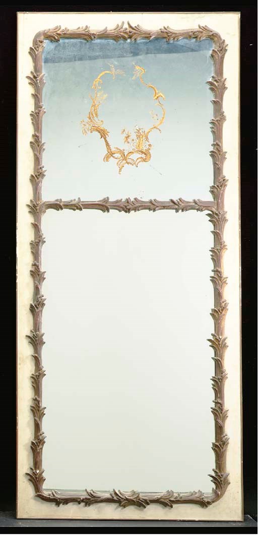 A PAIR OF LOUIS XV STYLE PARCEL-GILT, CREAM-PAINTED AND VERRE EGLOMISE PIER MIRRORS,