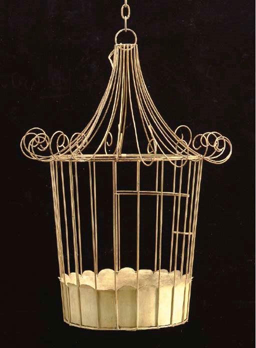 A CREAM-PAINTED TOLE BIRD-CAGE-FORM HALL LANTERN,