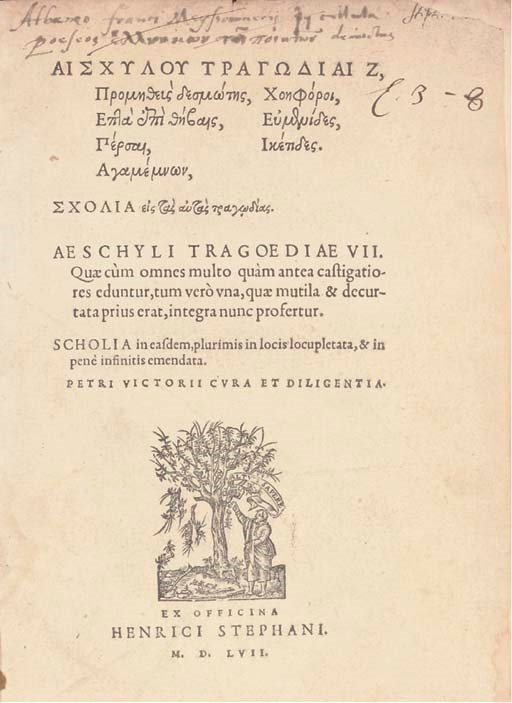 AESCHYLUS (525-456 B.C.). Tragoediae VII, edited by P. Vettori & H. Estienne. [Geneva:] H. Estienne, 1557.  4° (241 x 158mm). Woodcut printer's device 15 on title (lacking final blank, title a little soiled and chipped with slight loss of margin, upper corner of a few leaves lightly waterstained not affecting text). 20th-century mottled half sheep (rubbed and scuffed). Provenance: old inscription on upper margin of title.