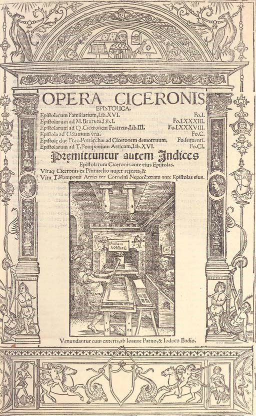 CICERO, Marcus Tullius (106-43 B.C.).  Opera rhetorica, oratoria, & forensia. [?Paris]: Joannes Parvus & Jodocus Badius, 9 January 1522. 2 volumes, 2° (340 x 230mm). Titles printed in red and black within large architectural woodcut border and with large printer's device, section title in each volume, woodcut initials (title of vol. II repaired along inner gutter and upper margin with partial loss of border, occasional light soiling, light mainly marginal waterstaining). Contemporary blind-stamped calf over wooden boards (rebacked, lacking clasps, few wormholes on sides). Provenance: Repton Library (book-label); a few marginal annotations in Latin. Adams only lists later edition.	 (2)