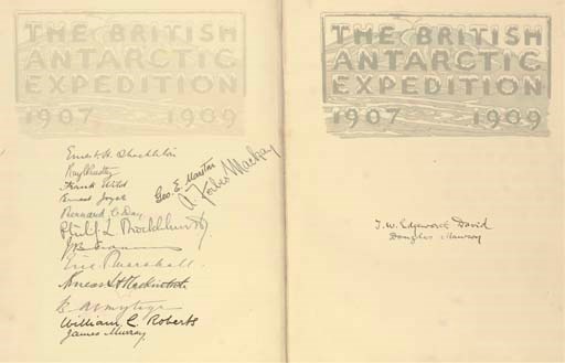 SHACKLETON, Ernest Henry, Sir (1874-1922).  The Heart of the Antarctic being the Story of the British Antarctic Expedition 1907-1909 ... with an Introduction by Hugh Robert Mill, D.Sc., & An Account of the First Journey to the South Magnetic Pole by Professor T. W. Edgeworth David, F.R.S. London: William Heinemann, 1909. 3 volumes including The Antarctic Book, 4° (270 x 220mm). Half titles, 2 mounted half tone frontispieces, 12 mounted coloured plates, half tone plates, The Antarctic Book with 4 mounted coloured portraits and 6 etched plates (some light spotting to titles and their tissue guards, a few very light mainly marginal spots through the text, some rather heavier and more persistent spotting to The Antarctic Book). Original vellum gilt, upper covers with illustration of 2 penguins stamped in gilt, spines lettered in gilt, The Antarctic Book in original vellum-backed paper boards, top edges gilt, others uncut, silk ties (some very light staining and scuffing to boards). Provenance: Repton School Library, Griffiths Bequest (bookplate) -- "Confined to the Librarian's Room" (pencil inscription on front pastedowns). Without library stamps or any other signs of provenance.

NUMBER 195 OF 300 COPIES SIGNED BY EVERY MEMBER OF THE SHORE PARTY. Spence pp.48-49. 	 (3)