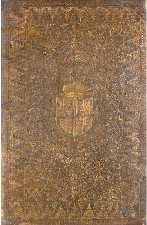 BINDING -- The Book of Common Prayer: and Administration of the Sacraments. London: Robert Barker & John Bill, 1639. [Bound with:] The Psalter, or Psalmes of David. London: 1636. 2 works in one volume, 2° (336 x 222mm). Titles printed in red and black within elaborate armorial and figural woodcut borders, black letter, initials, headpieces, ruled in red (some light mainly marginal staining at foot of leaves towards the front, some light spotting and staining). Contemporary olive green calf, the covers elaborately decorated and panelled in gilt with central coat-of-arms of Charles I, flat spine gilt, gilt edges (rubbed, joints splitting, spine rather worn). Provenance: Norbury Booths Hall 1826 (armorial bookplate). An early note pasted onto the front pastedown states "supposed to be the prayer book of Charles the first at the battle of Rowton moor."