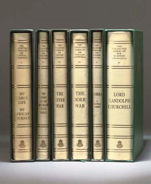 CHURCHILL, Winston (1874-1965).  The Collected Works. London: Library of Imperial History, [1973-76]. 38 volumes including 4 vols. of Essays, large 8° (234 x 150mm). Half tone plates, maps and plans, numbered limitation slips loosely-inserted. Original armorial vellum gilt, spines lettered and ruled in gilt, slipcases, silk markers. THE CENTENARY EDITION. LIMITED TO A MAXIMUM OF 3,000 SETS, THIS NUMBER 850 OF 2,000 "FOR THE BRITISH EMPIRE AND COMMONWEALTH." Woods p.391. 	 (38)
