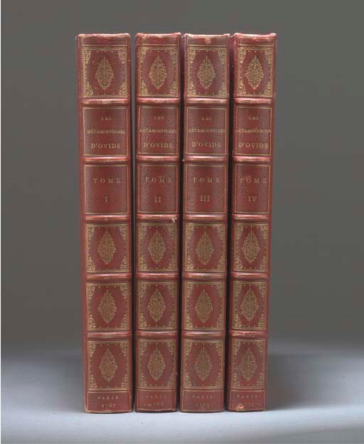 OVID (43BC - 17AD).  Les Metamorphoses ... de la Traduction de M. l' Abbé Banier. Paris: chez Barrois, 1767-71. 4 volumes, 4° (260 x 202mm). Half titles, additional engraved title in vol. one, titles printed in red and black, engraved dedication on 3-pages and 140 plates by Boucher, Moreau and others (a few isolated spots). Finely-bound in 19th-century crimson morocco gilt, gilt panelled sides, spines gilt in compartments, gilt edges (extremities very lightly rubbed). Provenance: Edwin Frederick Fitch (armorial bookplate). LARGE PAPER COPY. Ray 62a: "... a high point among illustrated books of the eighteenth century." 	 (4)