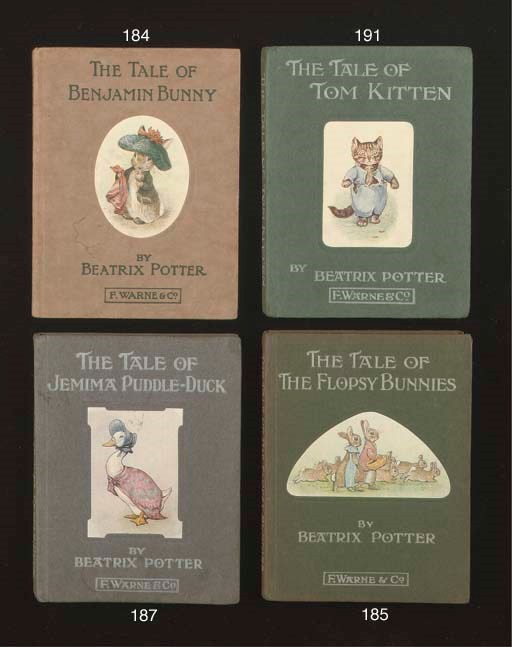 POTTER, Beatrix (1866-1943).  The Tale of Tom Kitten. London: Frederick Warne and Co., 1907. 16°. Half title, coloured frontispiece and 26 coloured plates by Beatrix Potter (a few light mainly marginal stains, nick to upper margin of one plate). Original green boards, coloured pictorial label mounted on upper cover, lettered in white. Provenance: "To Charlie with love from George, Xmas 1907" (inscription on front pastedown). FIRST EDITION. Linder p.427; Osborne I, p.383 (citing a later edition); Quinby 13.