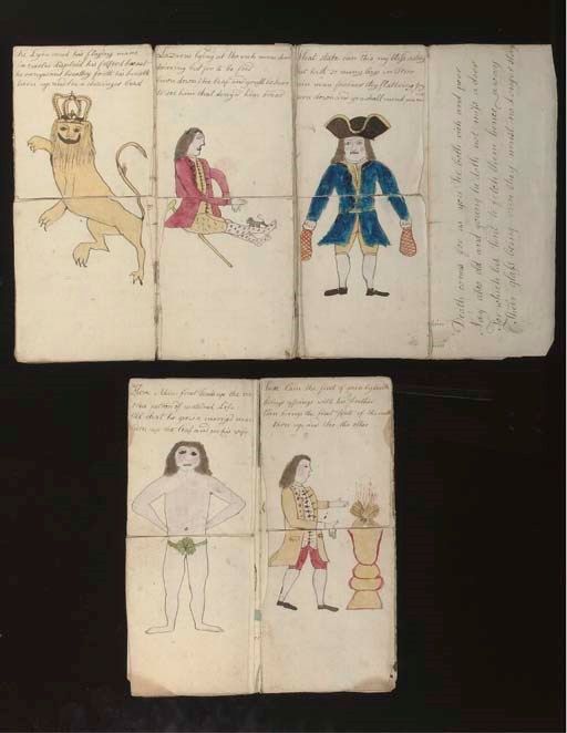 TRANSFORMATION BOOKS -- Two manuscript children's transformation books, the first consisting of figures of a lion, Lazarus, and a wealthy man carrying bags, transformed by flaps into, respectively, a griffin, Dives and a skeleton, folded dimensions 210 x 360mm., c.1800; the second featuring Adam and Cain in similar transformations. 	 (2)