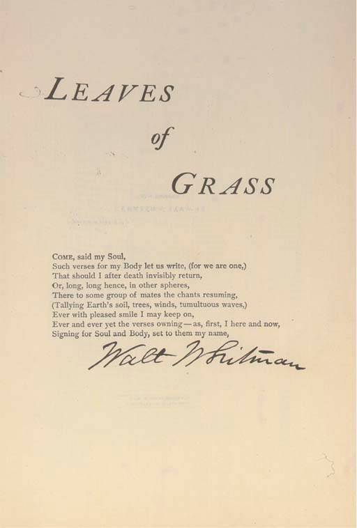 WHITMAN, Walt (1819-92).  Complete Poems & Prose ... 1855 ... 1888. Authenticated & Personal Book (handled by W.W.) ... Portraits from Life ... Autograph. [Philadelphia: Ferguson Bros., 1888-89]. Large 8° (251 x 165mm). Half tone oval portrait on general title (title and first few leaves almost detached). Original khaki cloth, spine lettered in gilt (some staining and scuffing). Provenance: "J.M. 9 Randolph Crescent, Edinburgh" (old pencil inscription on front free endpaper). NUMBER 543 OF 600 COPIES, SIGNED BY WALT WHITMAN ON TITLE PAGE TO "LEAVES OF GRASS." The limitation note is in autograph. Meyerson A2.7.