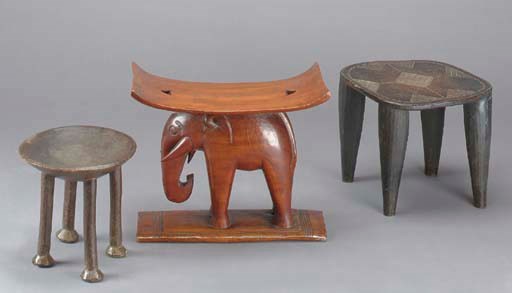 A GROUP OF THREE STOOLS, ONE WITH A CARVED ELEPHANT FIGURAL BASE,