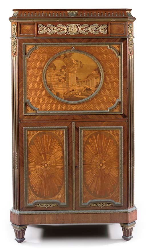 A Louis XVI style ormolu-mounted kingwood, marquetry and parquetry secretaire a abattant