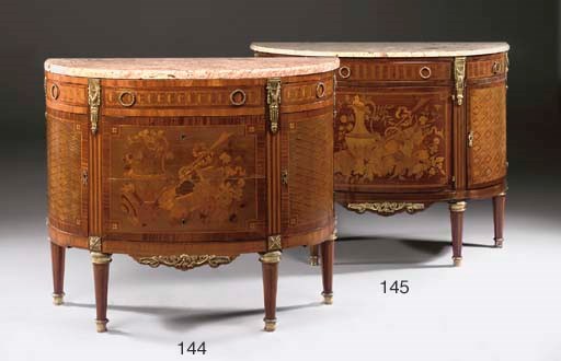 A Transitional style ormolu-mounted marquetry and parquetry demi-lune commode