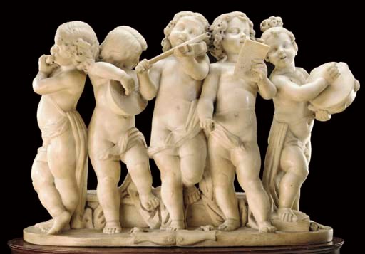 A French white marble group of putti musicians