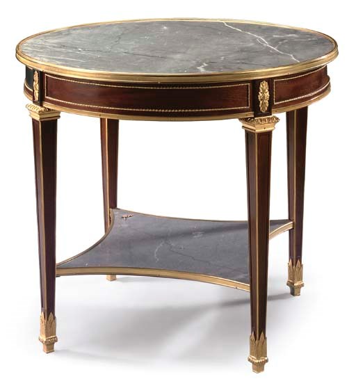 A late Louis XVI style ormolu-mounted mahogany and bleu turquin marble centre-table
