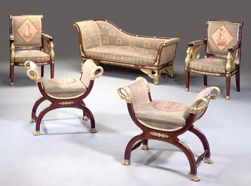An Empire Style ormolu-mounted mahogany five-piece salon suite