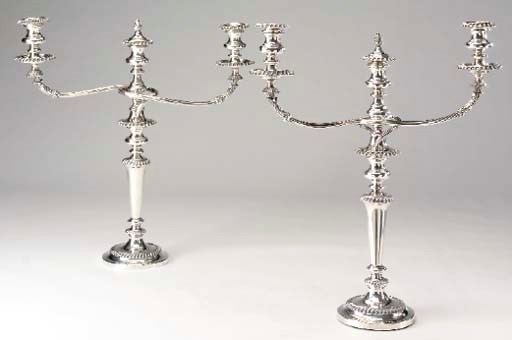 A PAIR OF WILLIAM IV SILVER-PLATED TWO-LIGHT CANDELABRA,