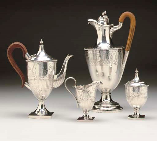 A PORTUGUESE SILVER-PLATED THREE-PIECE COFFEE SERVICE AND A CONTINENTAL SILVER-PLATED EWER,