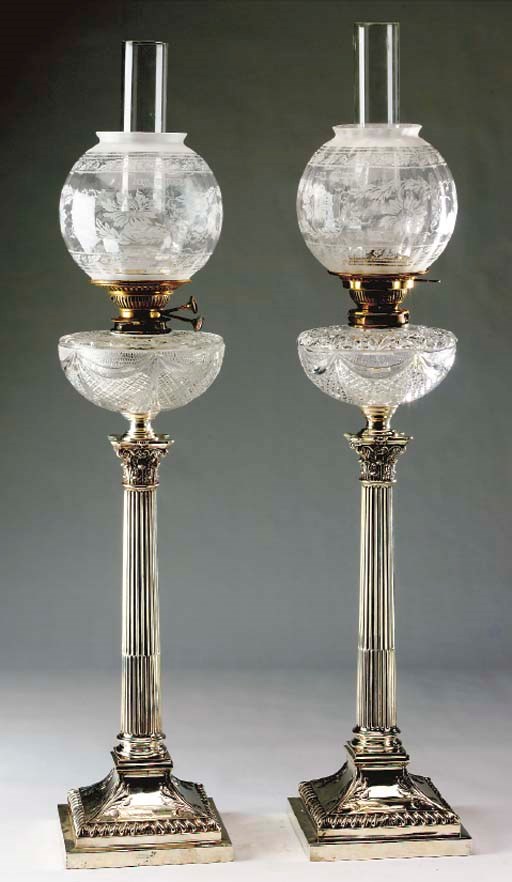 A PAIR OF ENGLISH SILVER COLUMNAR LAMPS,