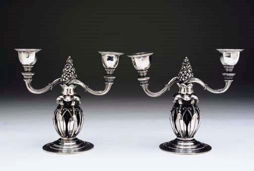 A PAIR OF DANISH SILVER TWO-LIGHT CANDELABRA,