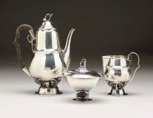 AN ASSEMBLED AMERICAN AND DANISH SILVER TEA SERVICE,