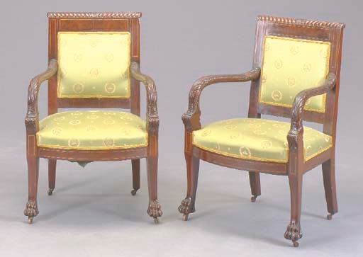 A PAIR OF NORTH EUROPEAN NEOCLASSIC INLAID MAHOGANY FAUTEUILS,