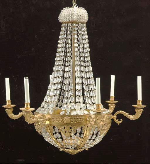 A PAIR OF EMPIRE STYLE ORMOLU AND CUT-GLASS SIX-LIGHT CHANDELIERS,
