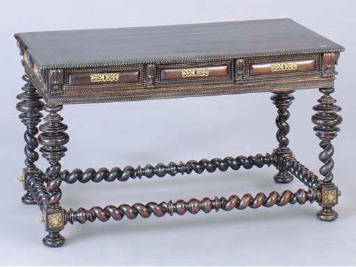 A PORTUGUESE BAROQUE STYLE BRASS-MOUNTED EBONY CENTER TABLE,
