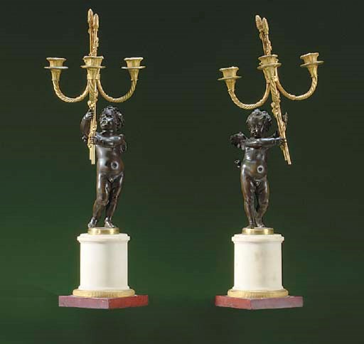 A PAIR OF ORMOLU-MOUNTED, PATINATED-BRONZE, WHITE AND RED MARBLE THREE-LIGHT CANDELABRA,