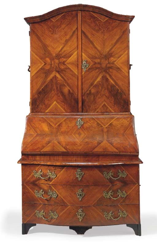 A GERMAN WALNUT AND PARQUETRY BUREAU-BOOKCASE,