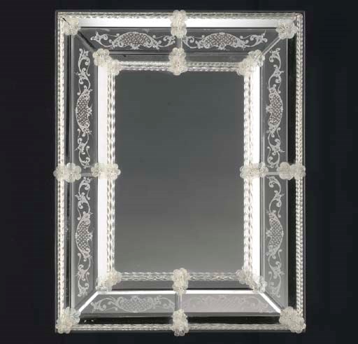A VENETIAN STYLE CLEAR, MOLDED AND ETCHED-GLASS MIRROR,