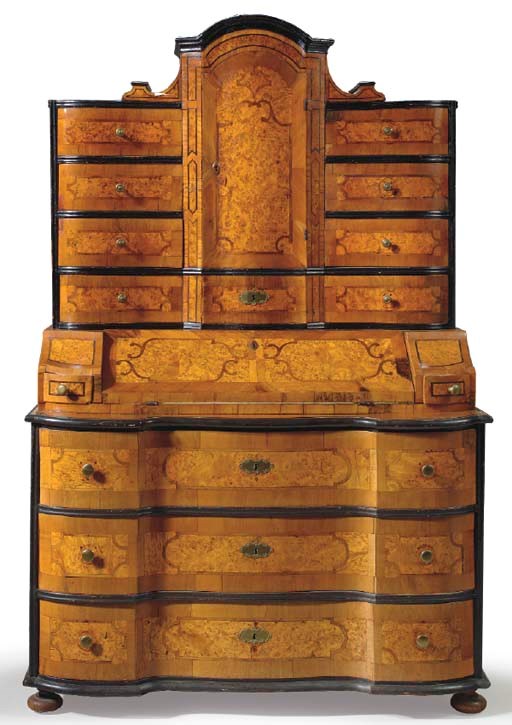 A GERMAN WALNUT, EBONIZED AND PARQUETRY BUREAU-BOOKCASE,