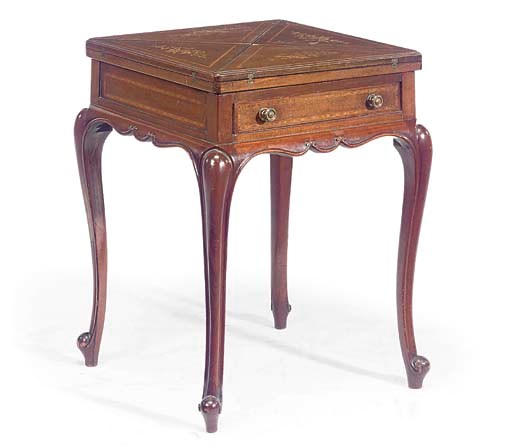 A LATE VICTORIAN MAHOGANY SATINWOOD CROSSBANDED AND PENWORK MARQUETRY ENVELOPE CARD TABLE