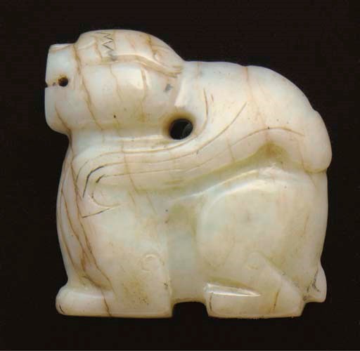 A mottled celadon jade model of a mythical beast, Song dynasty or later